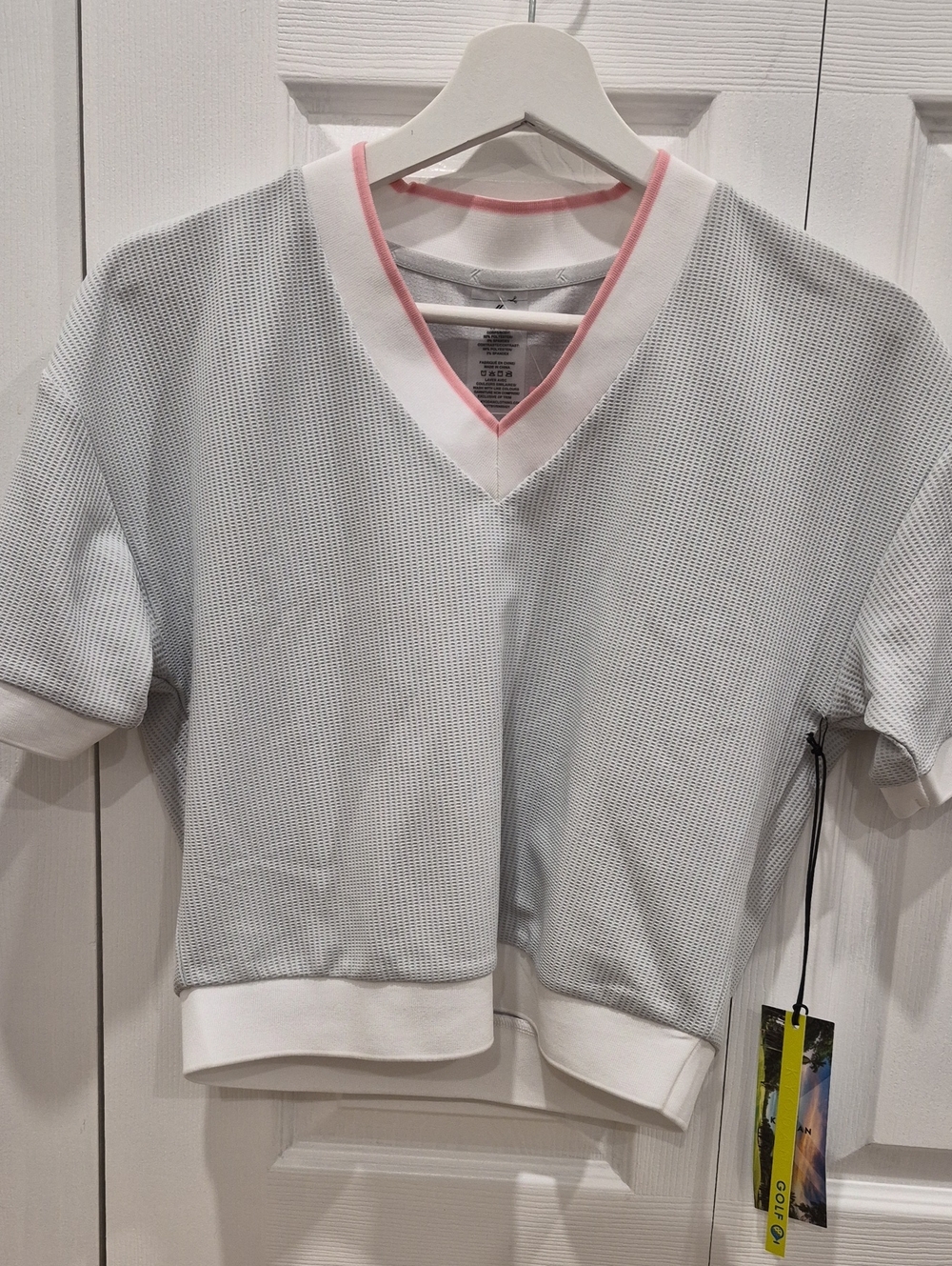 Kyodan White Mesh V-Neck Top with Pink Trim
